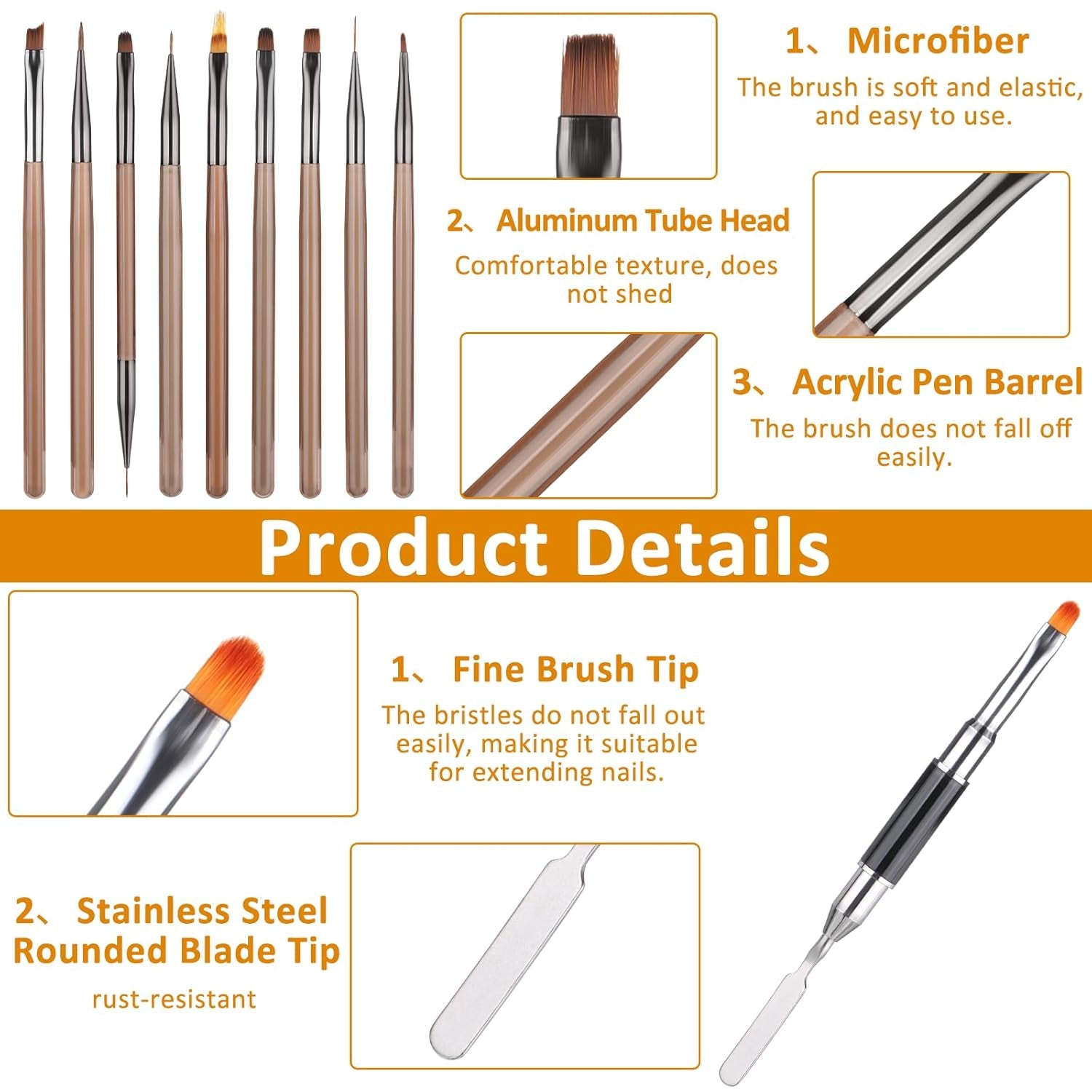 10 Stück Nailart Pinsel Set, Braun Nail Art Penselen Nailart Design Pinsel Nageldesign Pinselfür Gelnägelfür Heimwerker Maniküre Salon Zuhause Nailpinsel Set