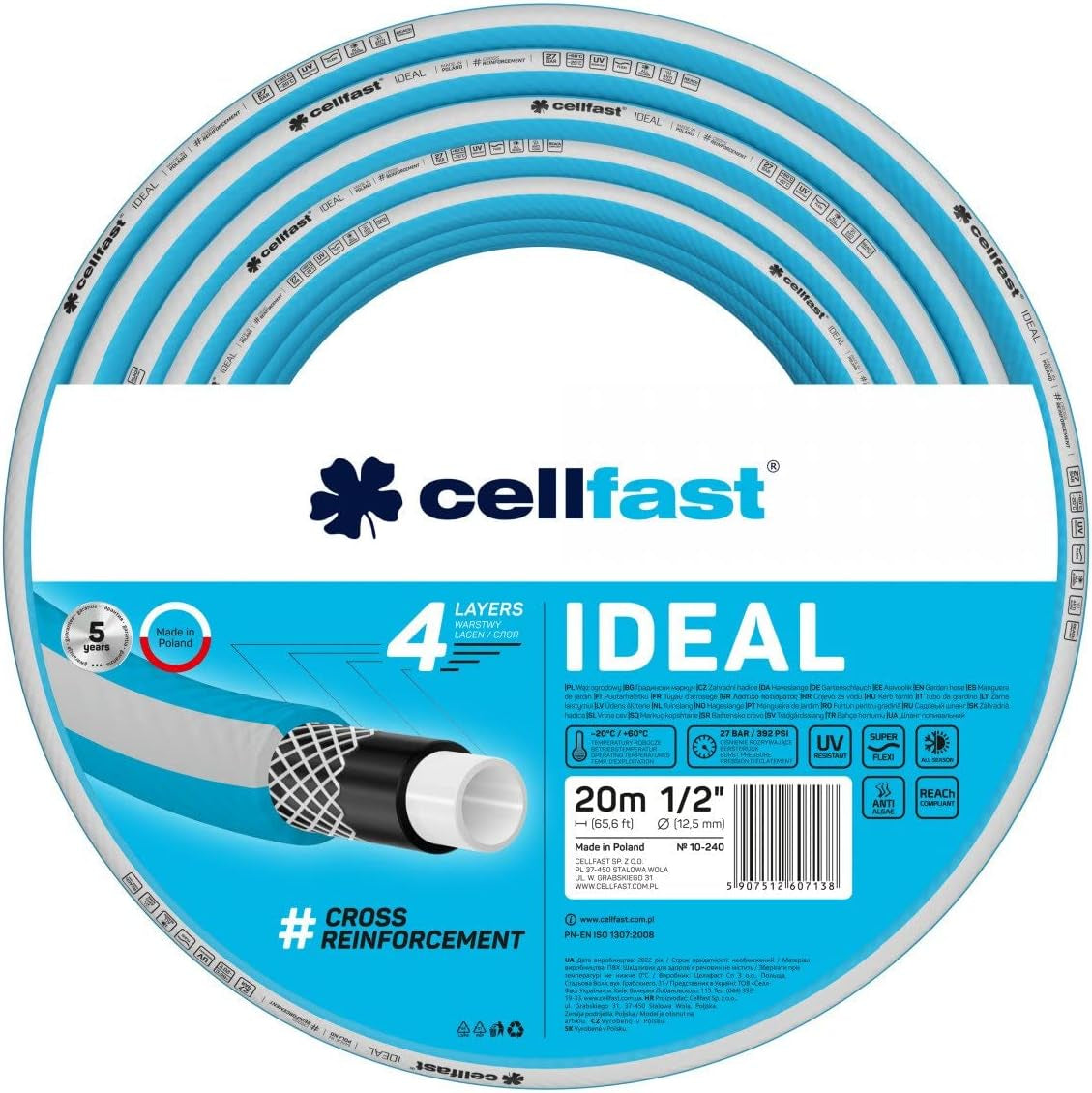 Tuinslang Cellfast IDEAL, Duurzaam, Flexibel, 4 lagen, Duurzaam kruisvlechtwerk, UV- en algenbestendig, REACH technologie, 27 bar, -20/+60° korte termijn 1/2", 20m