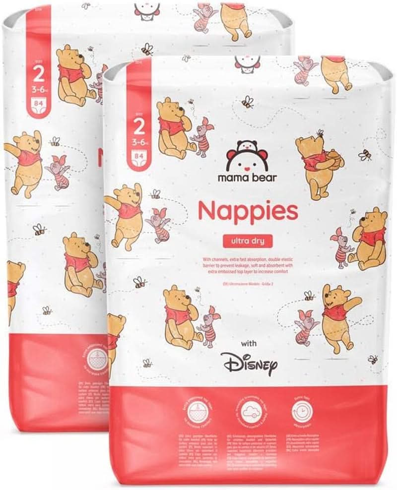 Mama Bear Disney Ultra Dry Luiers Maat 4 (8-14 kg), Wit, 84 stuks (1 pak) Naty Shop Maat 2 (3-6 kg) Maandpakket