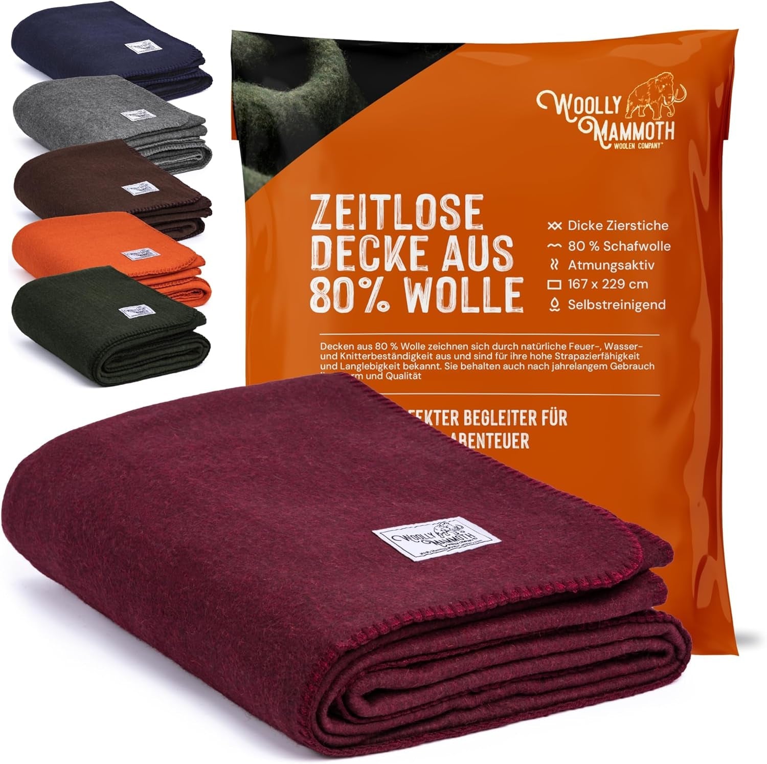 Woolly Mammoth Woolen Co. kampeerdeken, extra groot, merinowol, De perfecte outdooruitrusting voor bushcraft, kamperen, trekking, wandelen, survival of hutdeken. Bruin, 168 X 228 bedden en dekens Woolly Mammoth Woolen Company Burgundy 66" X 90"