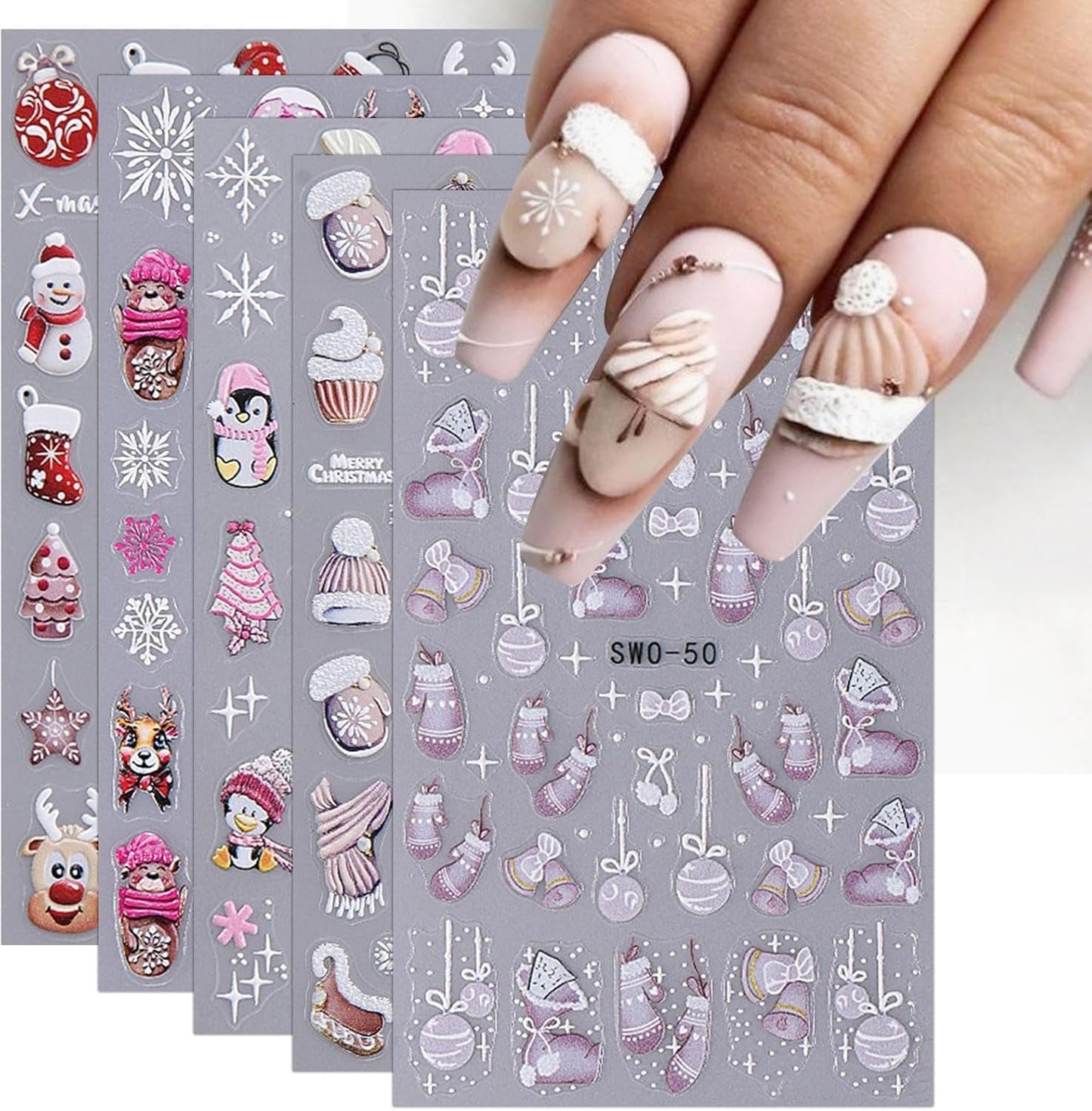 JMEOWIO Nagelsticker Weihnachten 6 Blatt Nail Art Sticker Selbstklebend Nagelaufkleber Schneeflocke Winter Urlaub Süß Decoratie Nageldesign Zubehör