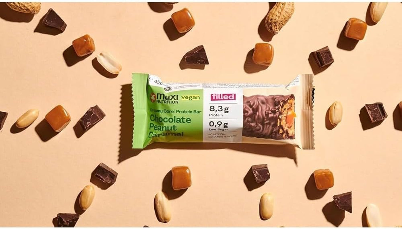 MaxiNutrition Romige veganistische eiwitreep met chocolade, pinda's en karamel 12x45g - veganistische eiwitreep, 18% eiwit, 8,3 g per reep, laag suikergehalte (0,9 g), geen toegevoegde suiker, geen kunstmatige smaakstoffen