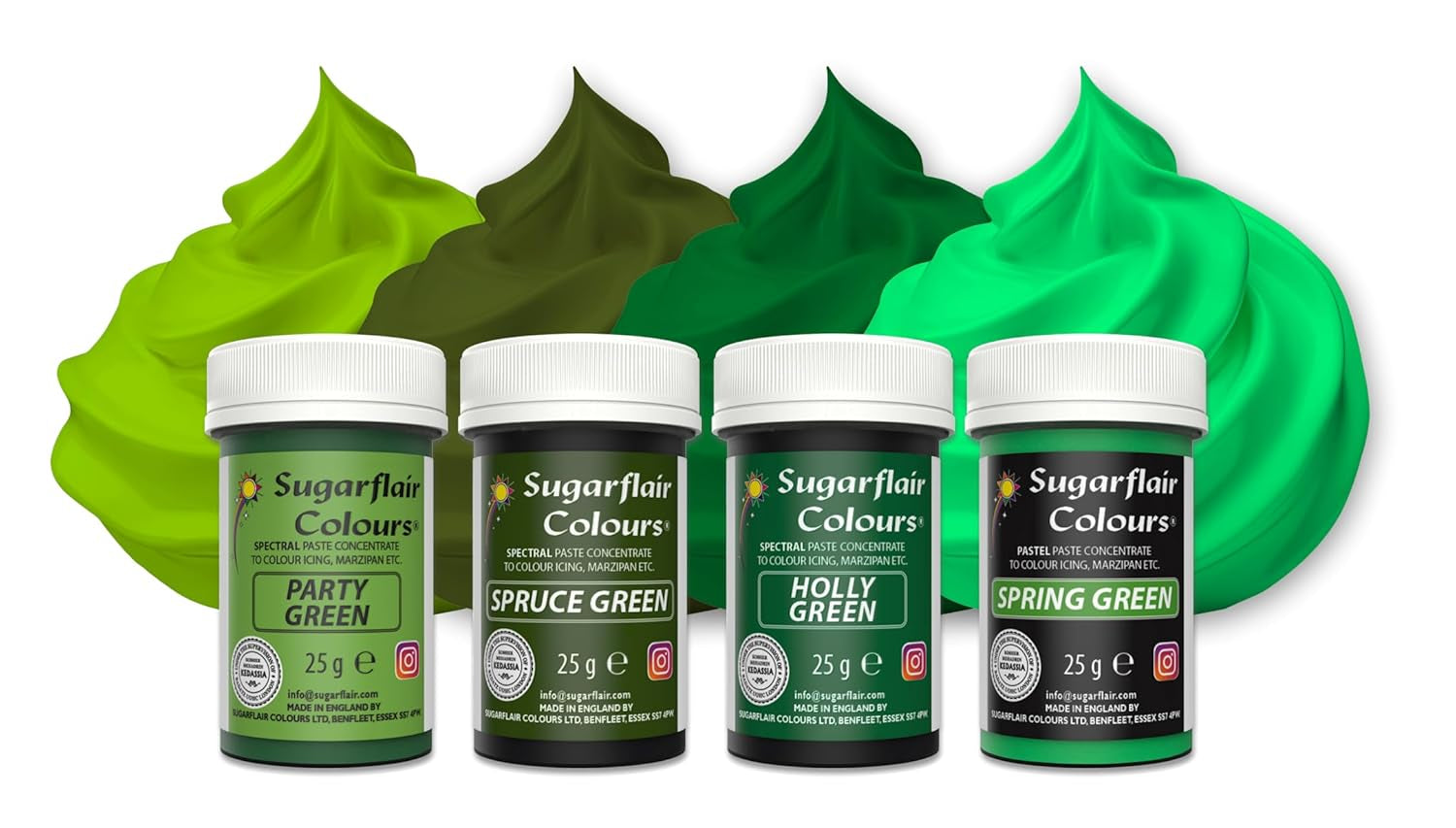 Sugarflair Pasta kleurstof, groen, set van 4, kleurstof voor pasta, fondant, marsepein, suikerpasta, botercrème en meer: ​​Ilex groen, lentegroen, sparrengroen, feestgroen - set van 4