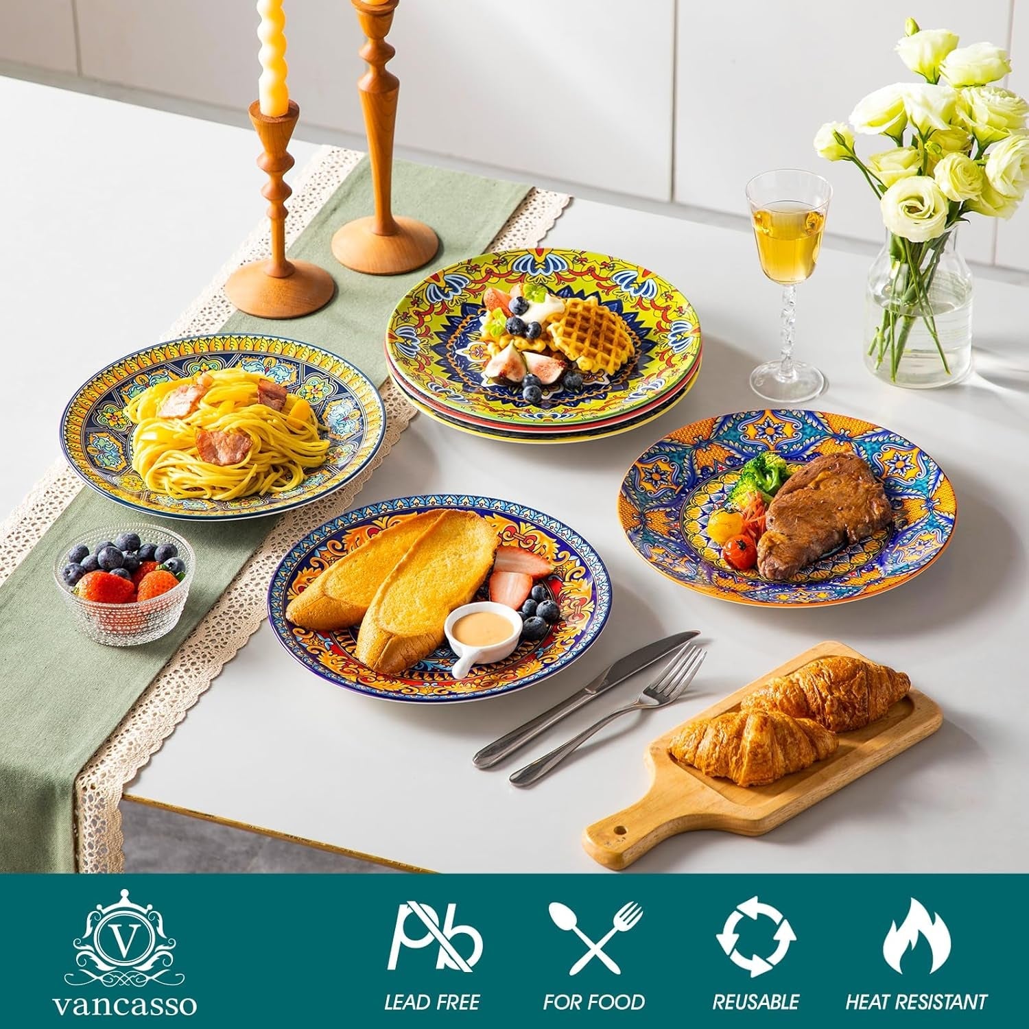 Dinerbordenset voor 6 personen, vancasso KRVI bordenset voor 6 personen, bordenset Ø 27 cm, vaatwasser- en magnetronbestendig, pastaborden, ontbijtborden, taartborden