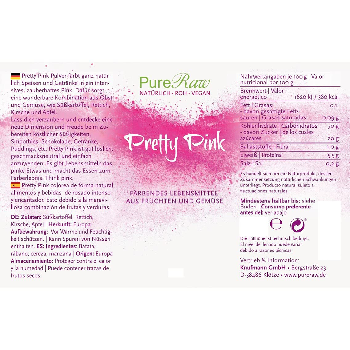 Pretty Pink Natürliche Lebensmittelfarbe Pulver Rosa (Roh Vegan) Pastel Rose Bis Intensiv Rosa-Rot - Essbare kleur voor Lebensmittel Aus Früchten en Gemüse - Natuurlijke kleurstof voor levensmiddelen | Pureraw 5G Naty-winkel