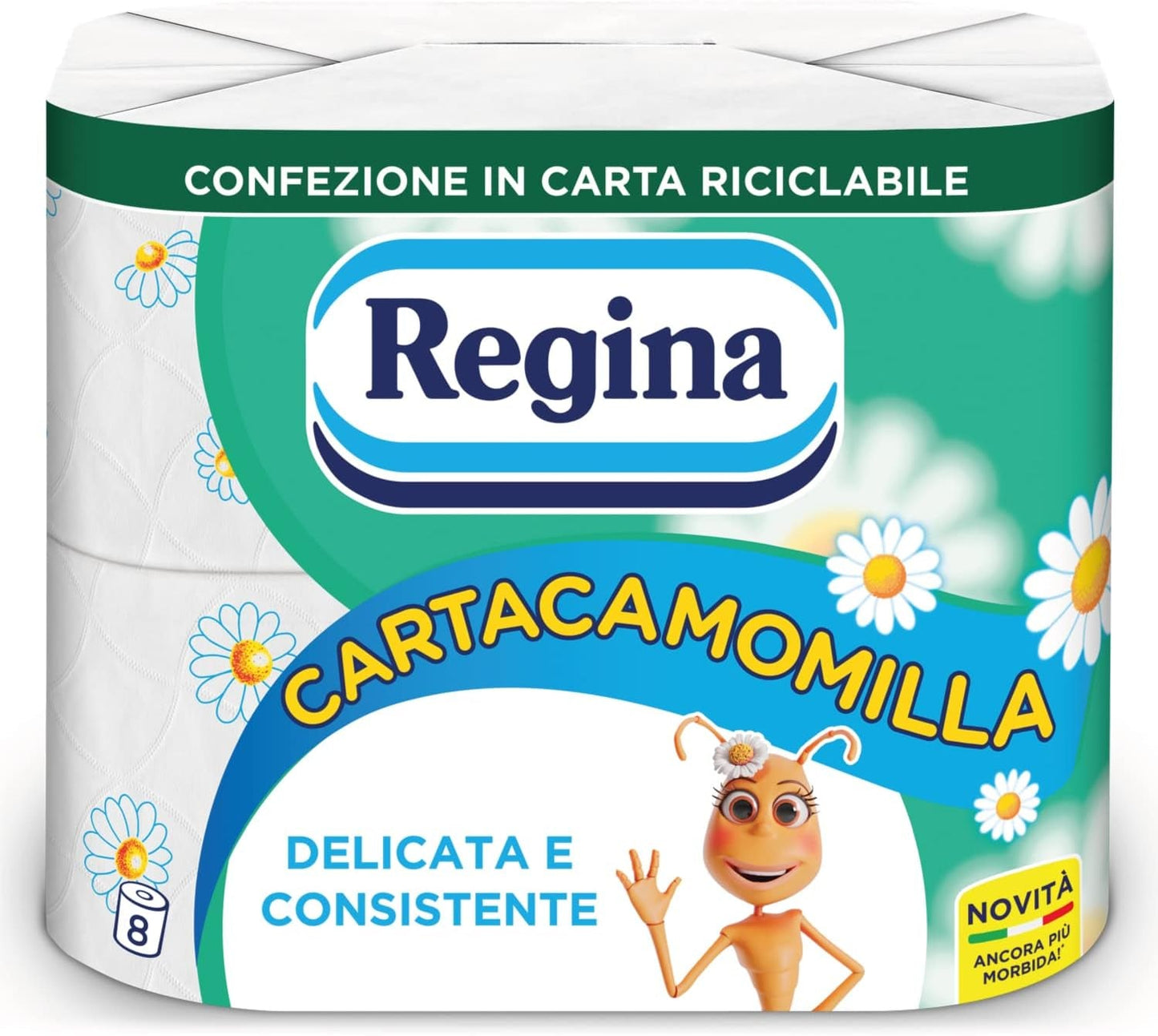 Regina Cartacamomilla - 8 rollen toiletpapier, 300 pluizige vellen, 3-laags, zacht en stevig, recyclebare papieren verpakking