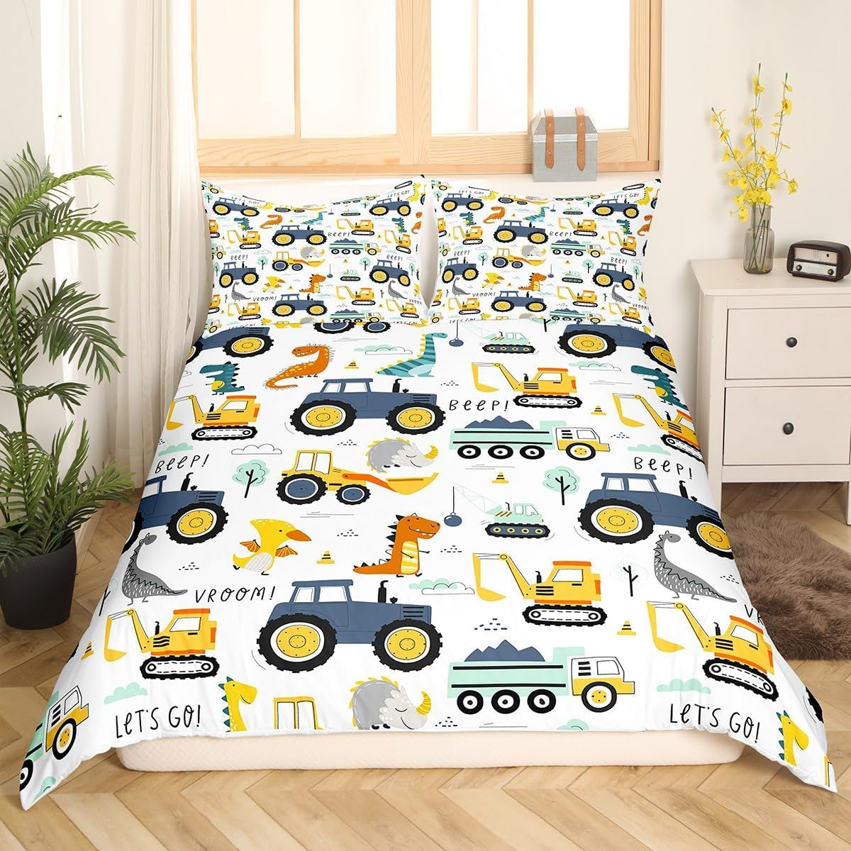 Jungen Cartoon Autobeddengoedset 135X200,Kinder Bau Fahrzeuge Tröster Abdeckung Für Kind Kleinkind Teens,Dinosaurier Bettbezug,Traktor Maschinerie Bagger Bettdecke Abdeckung,Lkw Autos Bettdecke Naty Shop