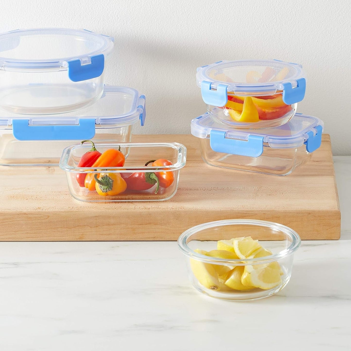 Amazon Basics Voedselcontainers met luchtdichte glazen deksels, 14-delige set, 7 containers en 7 deksels, BPA-vrij, transparant met blauwe siliconentape Voedselbewaardozen Naty Shop