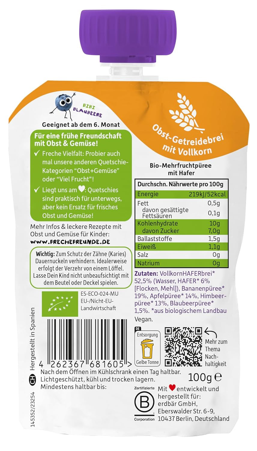 FRECHE FREUNDE Biologisch fruitzakje banaan, appel, framboos, bosbes met haver, fruitpuree met granen in een knijpbaar zakje voor baby's vanaf 6 maanden, veganistisch, 6 stuks (6 x 100 g)