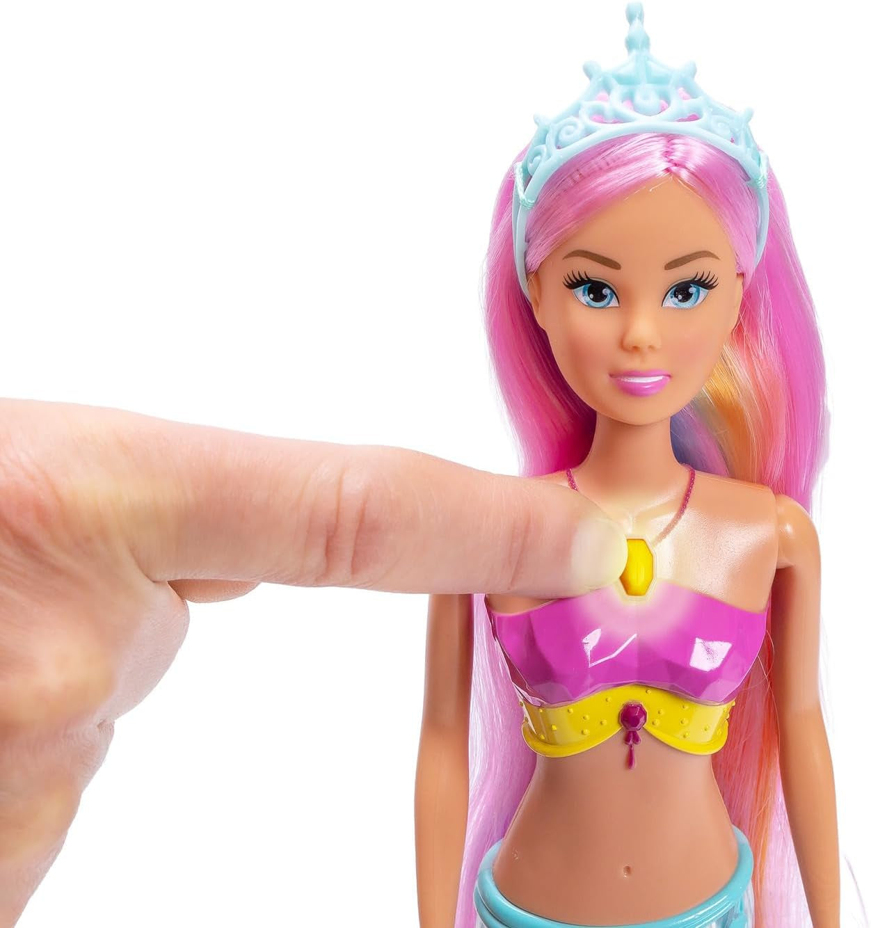 Simba Steffi Love Mermaiserende zeemeerminpop met regenbooglichtfunctie, extra lang haar, dolfijnfiguur en haarclips, 39 cm hoog, Try-Me-functie, vanaf 3 jaar