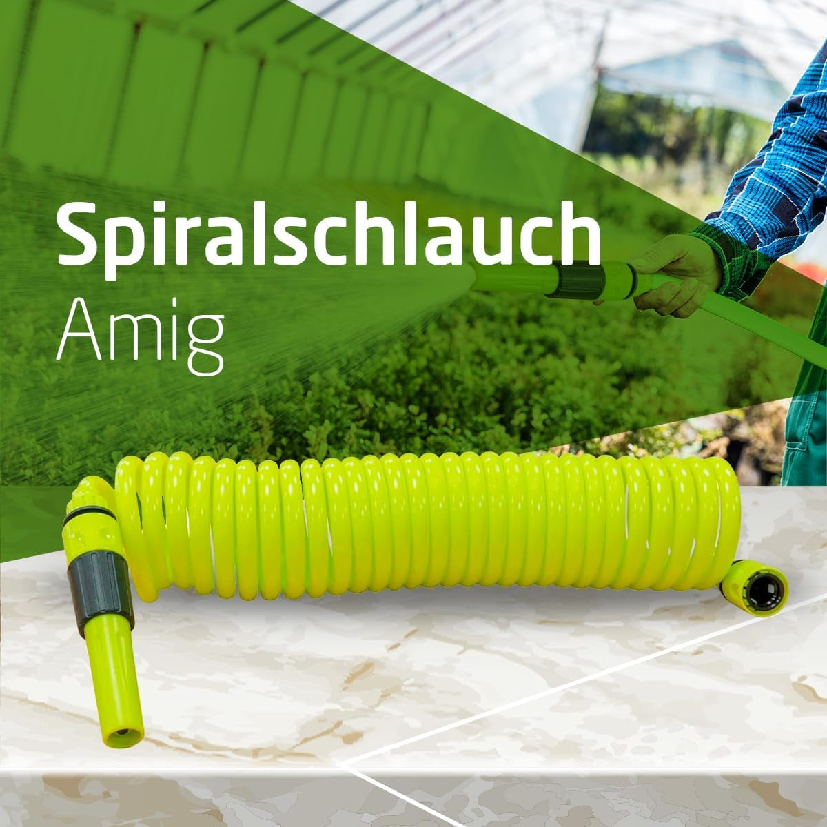 Amig - Spiraalslang | Gemaakt van polypropyleen | Uitschuifbaar tot 7,5 m | Inclusief irrigatielans, adapter en 2 scharnieren | Pistache groen