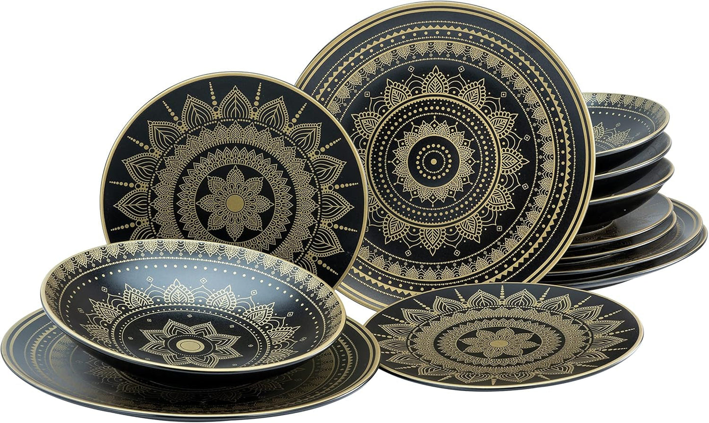 CreaTable, 23588, MANDALA GOLD-serie - Zwart, 12-delige serviesset, porseleinen bordenset, vaatwasser- en magnetronbestendig, hoogwaardige productie