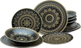 CreaTable, 23588, MANDALA GOLD-serie - Zwart, 12-delige serviesset, porseleinen bordenset, vaatwasser- en magnetronbestendig, hoogwaardige productie