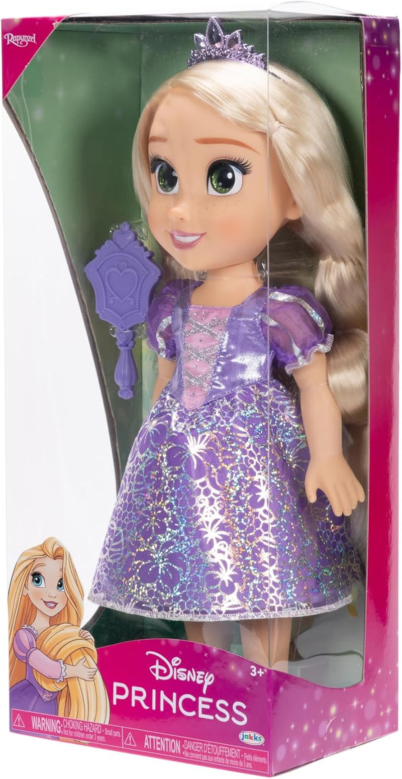 Disney Princess Rapunzel pop van 35 cm, reflecterende glitterogen, beweegbare gewrichten, afneembare jurk, schoenen, kroon, lang blond haar, voor meisjes vanaf 3 jaar