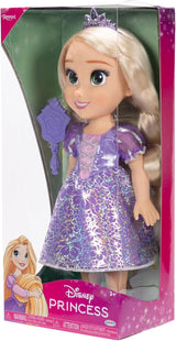 Disney Princess Rapunzel pop van 35 cm, reflecterende glitterogen, beweegbare gewrichten, afneembare jurk, schoenen, kroon, lang blond haar, voor meisjes vanaf 3 jaar