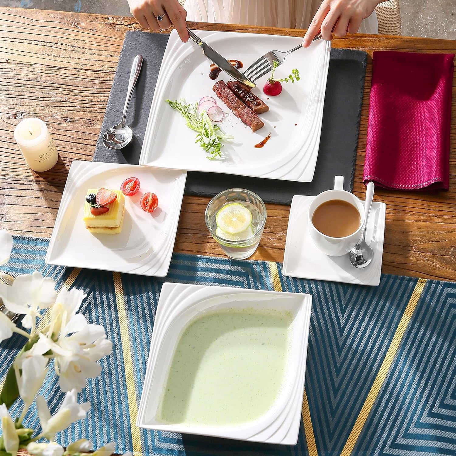 MALACASA, Monica Serie, Serviesset voor 12 personen, Wit-crème porselein, Gecombineerd servies met 12 koffiekopjes, 12 schotels, 12 dessertborden, 12 dinerborden en 12 dinerborden