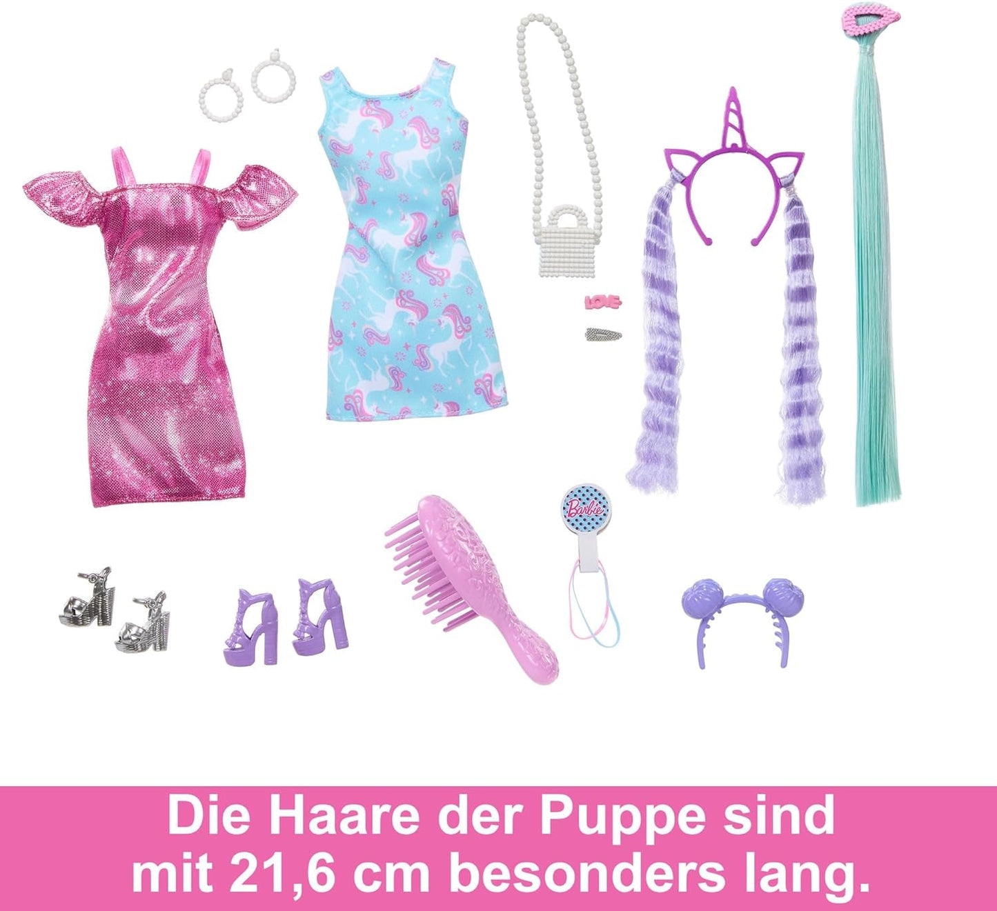 Barbie-pop Leuk stijlvol haar met extra lang kleurrijk zwart haar en sprankelend roze jurkje 10 kapsel- en mode-accessoires JDC86