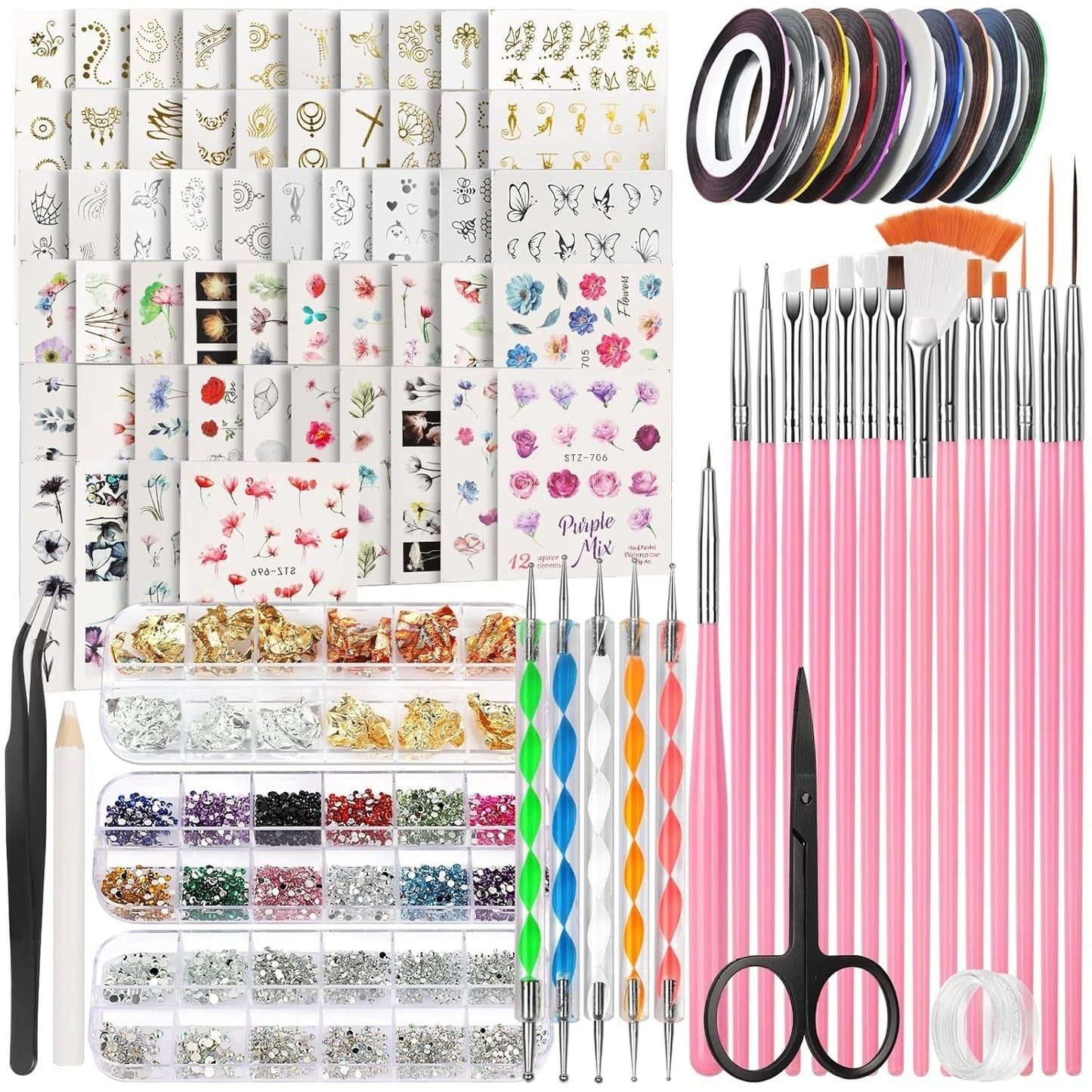 FANDAMEI 54 Blätter Wassertransfer Nagelsticker & Nail Art Pinsel Set, Dotted Pennen, Blattgold voor Nagelkunst, Streifenband, Strasssteine, Werkzeug en Decoratieset voor Nagelkunst Maniküre Set