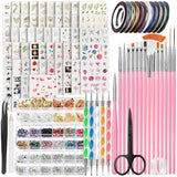 FANDAMEI 54 Blätter Wassertransfer Nagelsticker & Nail Art Pinsel Set, Dotted Pennen, Blattgold voor Nagelkunst, Streifenband, Strasssteine, Werkzeug en Decoratieset voor Nagelkunst Maniküre Set
