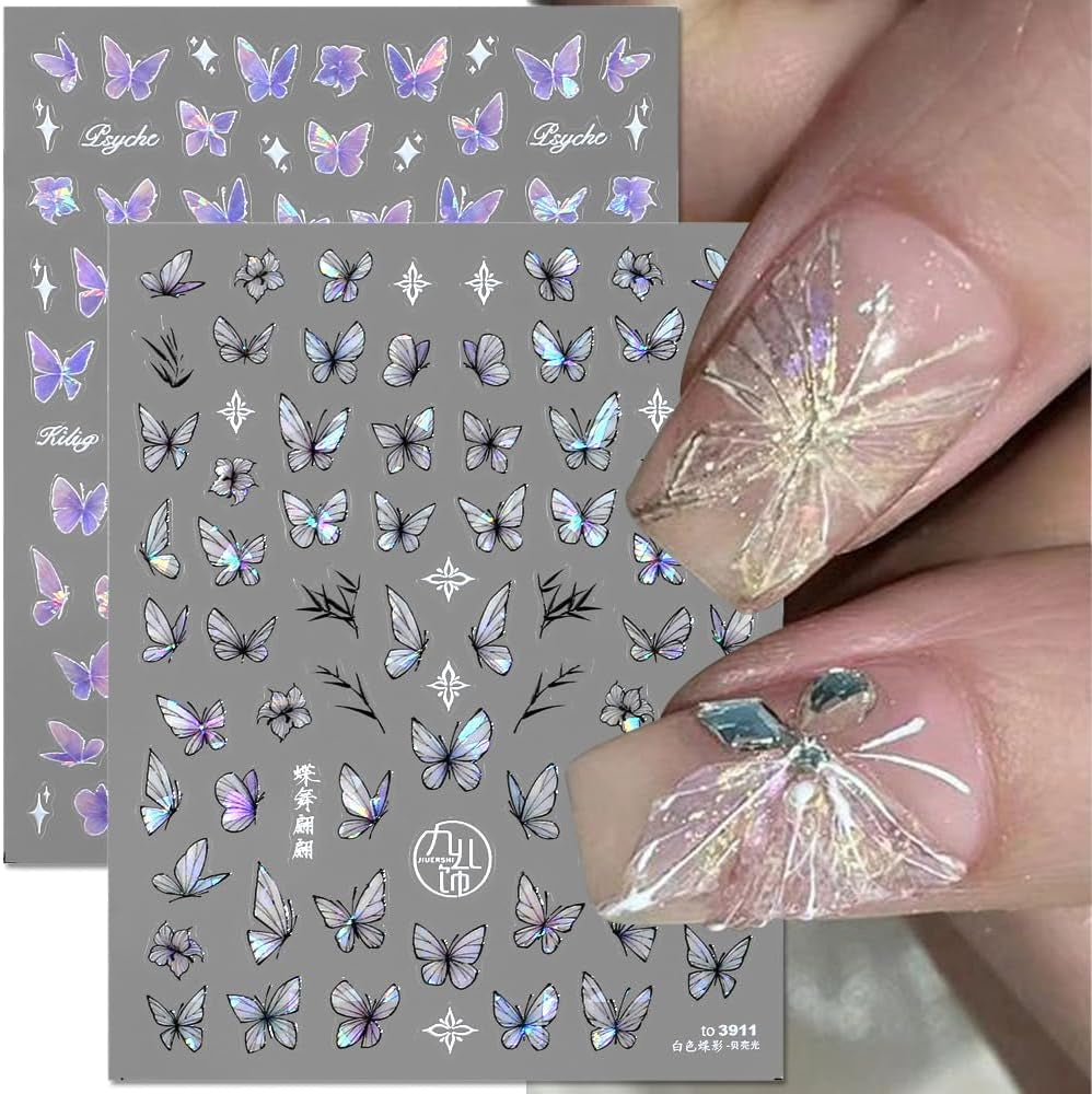 2 Blätter Schmetterling Nagelsticker Selbstklebend,Muschel Glitzer Nail Art Butterfly Nail Sticker Lila Grau Schmetterlinge Nagelaufkleber Relief Laser Vlinders Nagelsticker Nageldesign Zubehör