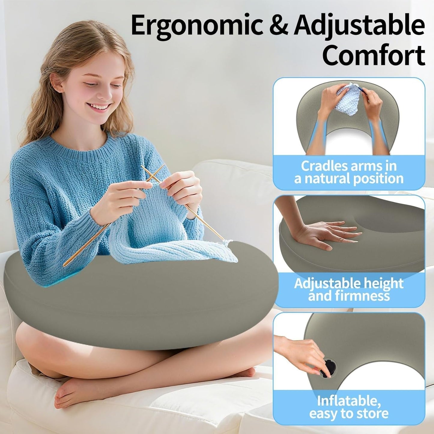 Leeskussen en gamingkussen, draagbaar opblaasbaar leeskussen met opbergtas, ergonomisch gehaakt kussen voor lezen, spelen, haken en werken