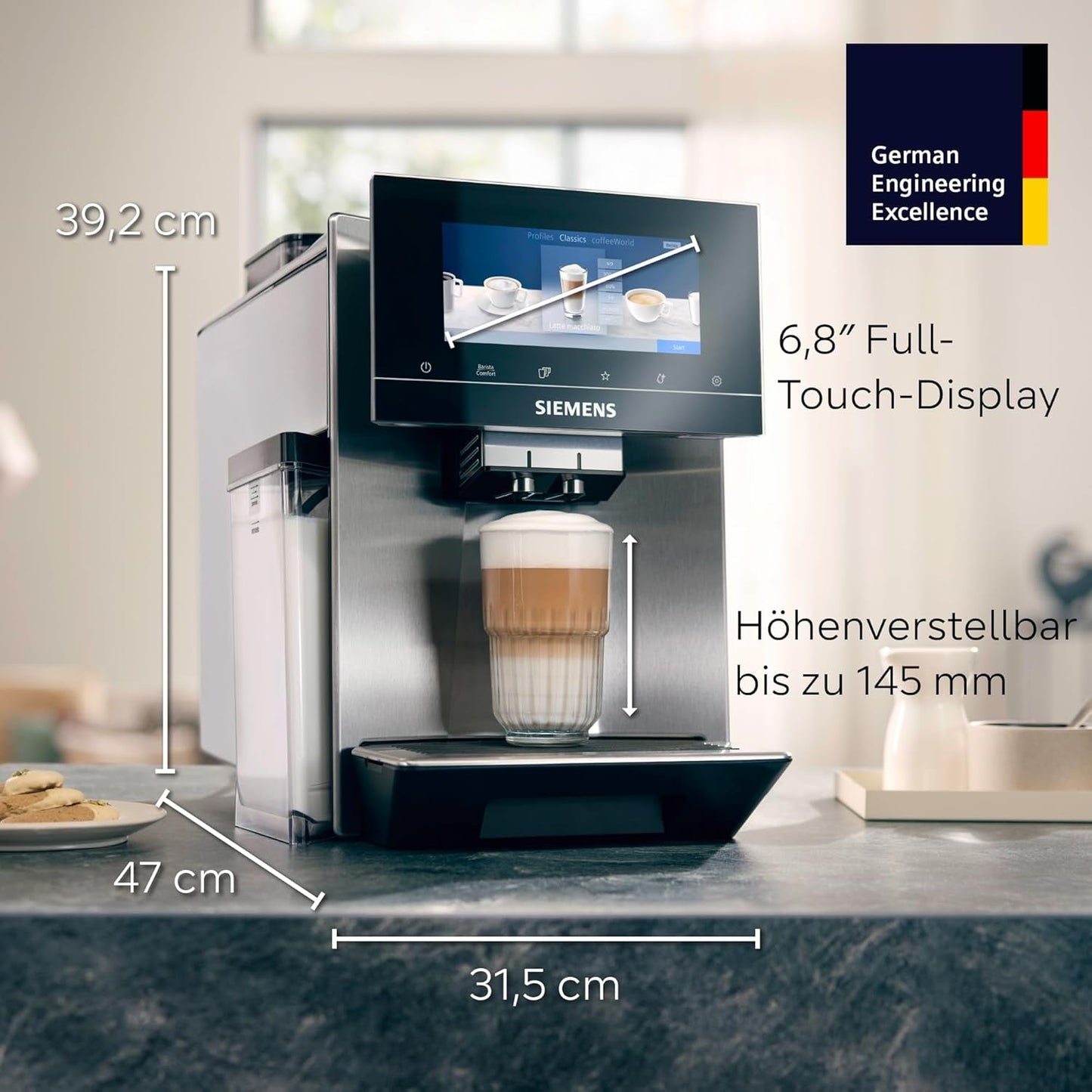 Siemens EQ900 automatische espressomachine, groot TFT-kleurenscherm, 2 bonencontainers, 36 warme en koude dranken, koude koffie, superstil, tweekopsfunctie, app-bediening, roestvrij staal, TQ907D03