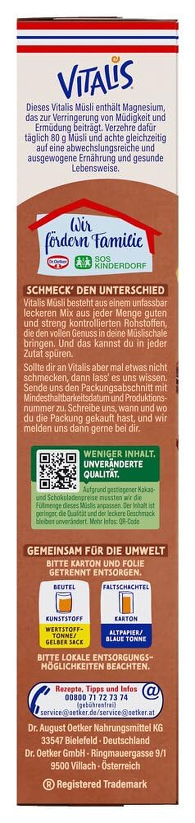 Dr. Oetker Vitalis Chocolade Muesli Classic: Ontbijtmuesli met melk- en pure chocolade, verpakking van 7 (7 x 600 g)