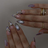 Moonglow korte magnetische kunstnagels, roze amandelrood gradiënt glitter kattenoog met lijm, roze rode ombre glitter fototherapie kunstnagels voor dames en meisjes