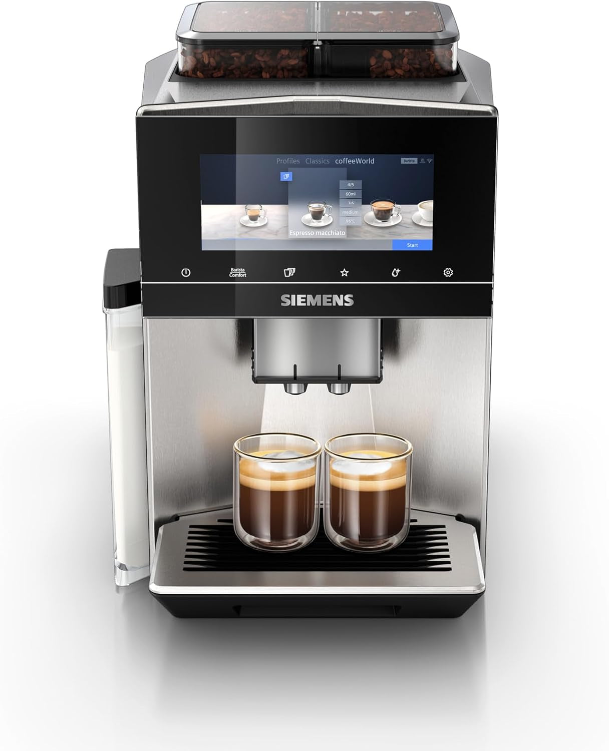 Siemens EQ900 automatische espressomachine, groot TFT-kleurenscherm, 2 bonencontainers, 36 warme en koude dranken, koude koffie, superstil, tweekopsfunctie, app-bediening, roestvrij staal, TQ907D03