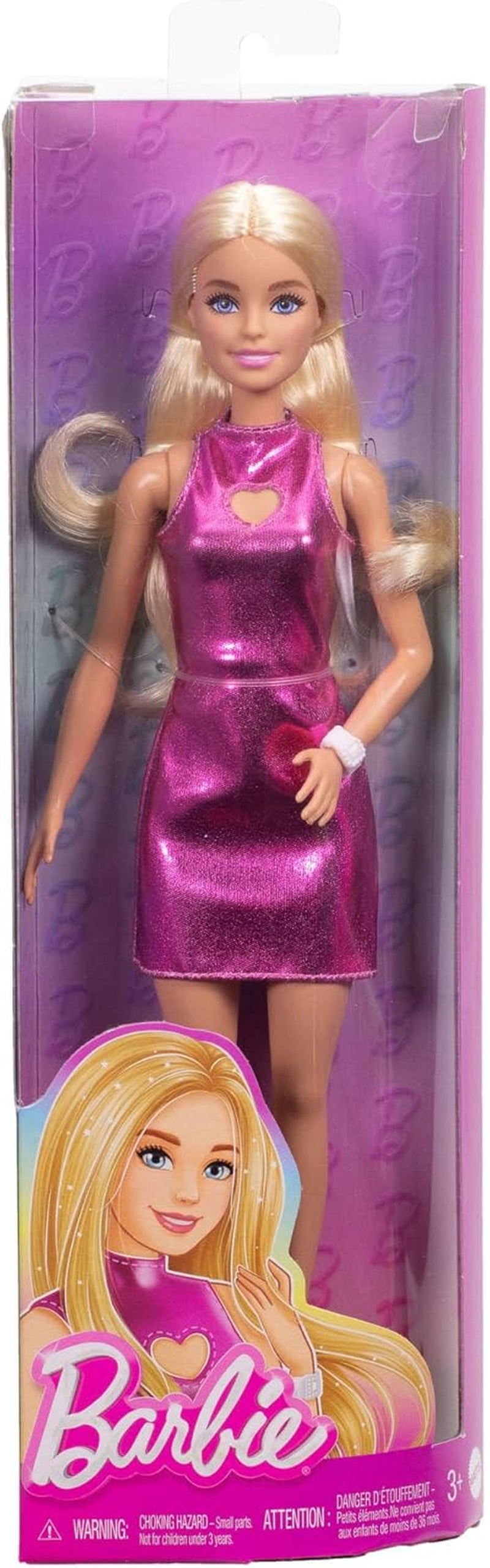 Barbie Fashionistas pop nr. 230 met blond haar, roze metallic mini-jurk met hartuitsnijding, witte armband en hoge hakken, HYT88