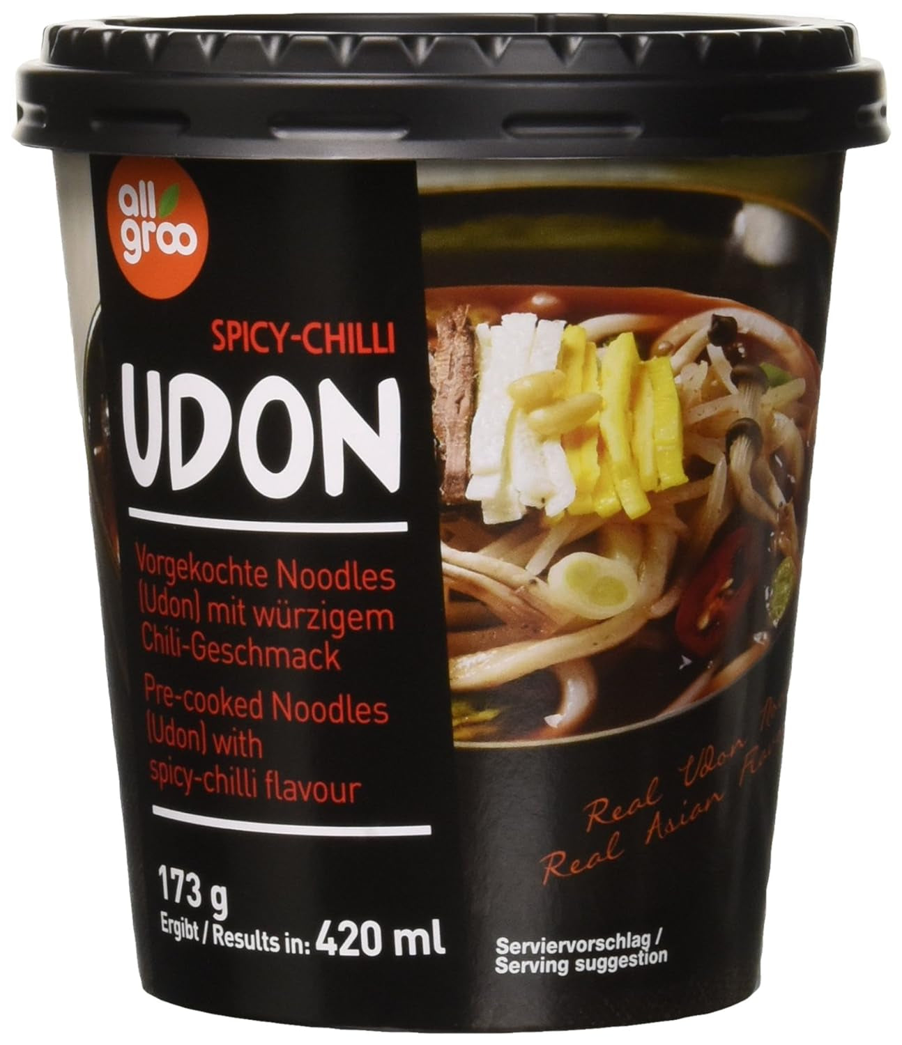 Allgroo Udon Cup Instant Noodles - Smaakvolle Pittige Zeevruchten Udon Soep - Snelle Bereiding (1 x 173g)