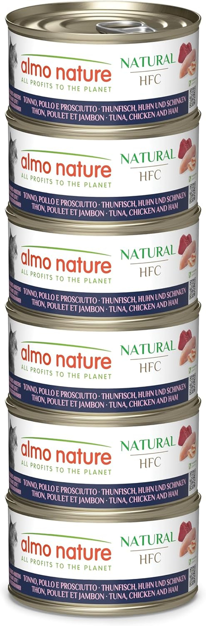 Almo Nature HFC Natural - Natvoer voor volwassen katten - Tonijn, Kip en Ham - Menselijke kwaliteit, Glutenvrij - 6 x 70g