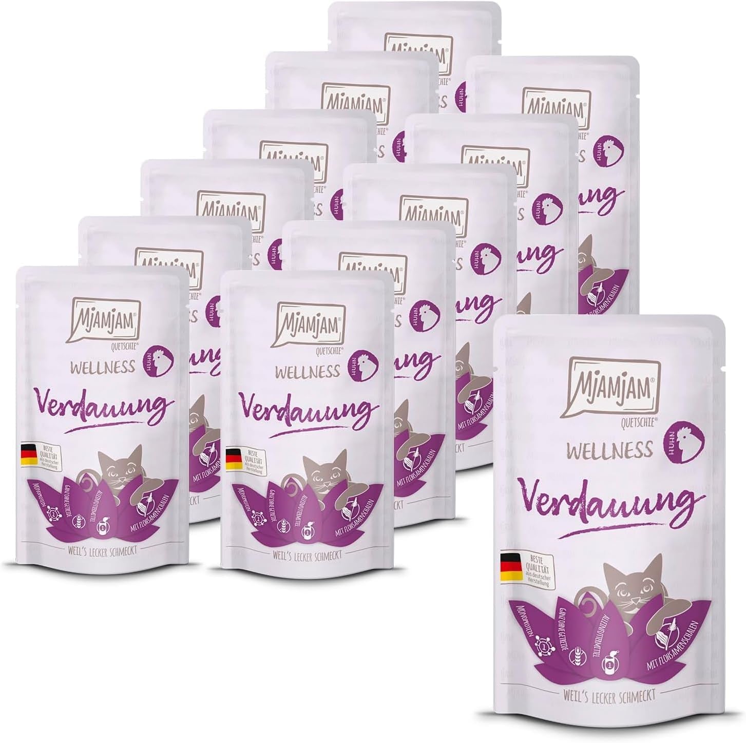 MjAMjAM - Premium natvoer voor katten - Wellness - Spijsvertering - Kip, verpakking van 12 (12 x 125 g), graanvrij