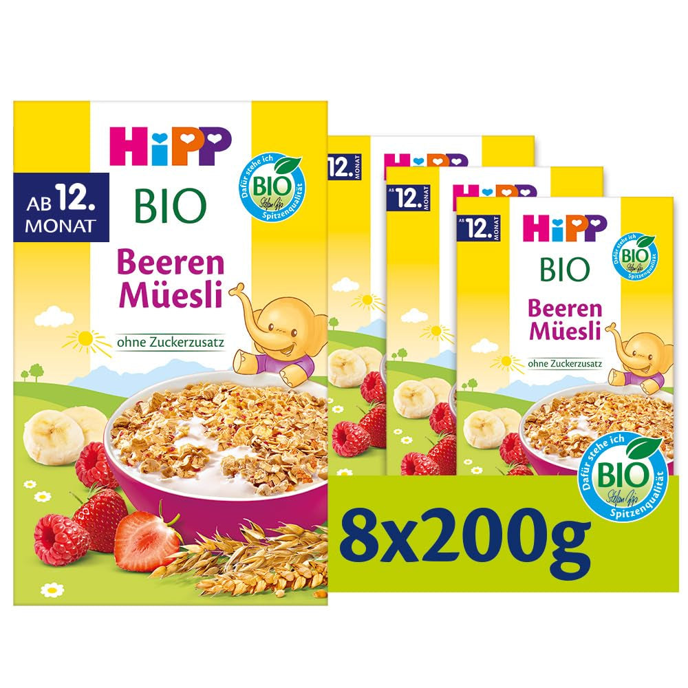 HiPP Bio Beeren-Müesli (8 x 200 g), ab 12. Monat, ohne Zuckerzusatz, onder fijne Stückchen - leicht zu kauwen, in de beste Bio-Qualität