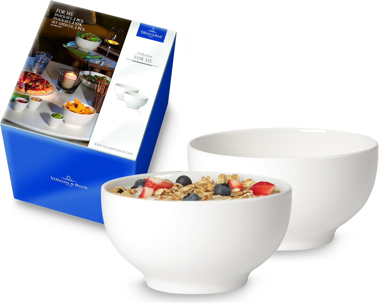 Villeroy & Boch For Me Graanschalen set van 2, wit, vaatwasmachinebestendig, magnetronbestendig, kleine kommen voor 2, kommen, ontbijtgranenschalen, snacks of sauzen, bord, premium porselein