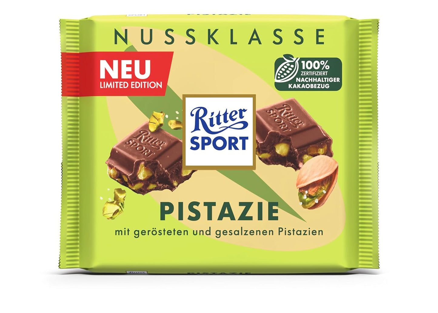 Ritter Sport Pistachio, melkchocolade met fijne stukjes pistache, een chocoladeklassieker, perfect om te snoepen en te genieten, een geweldig cadeau-idee, 12 repen x 100 g