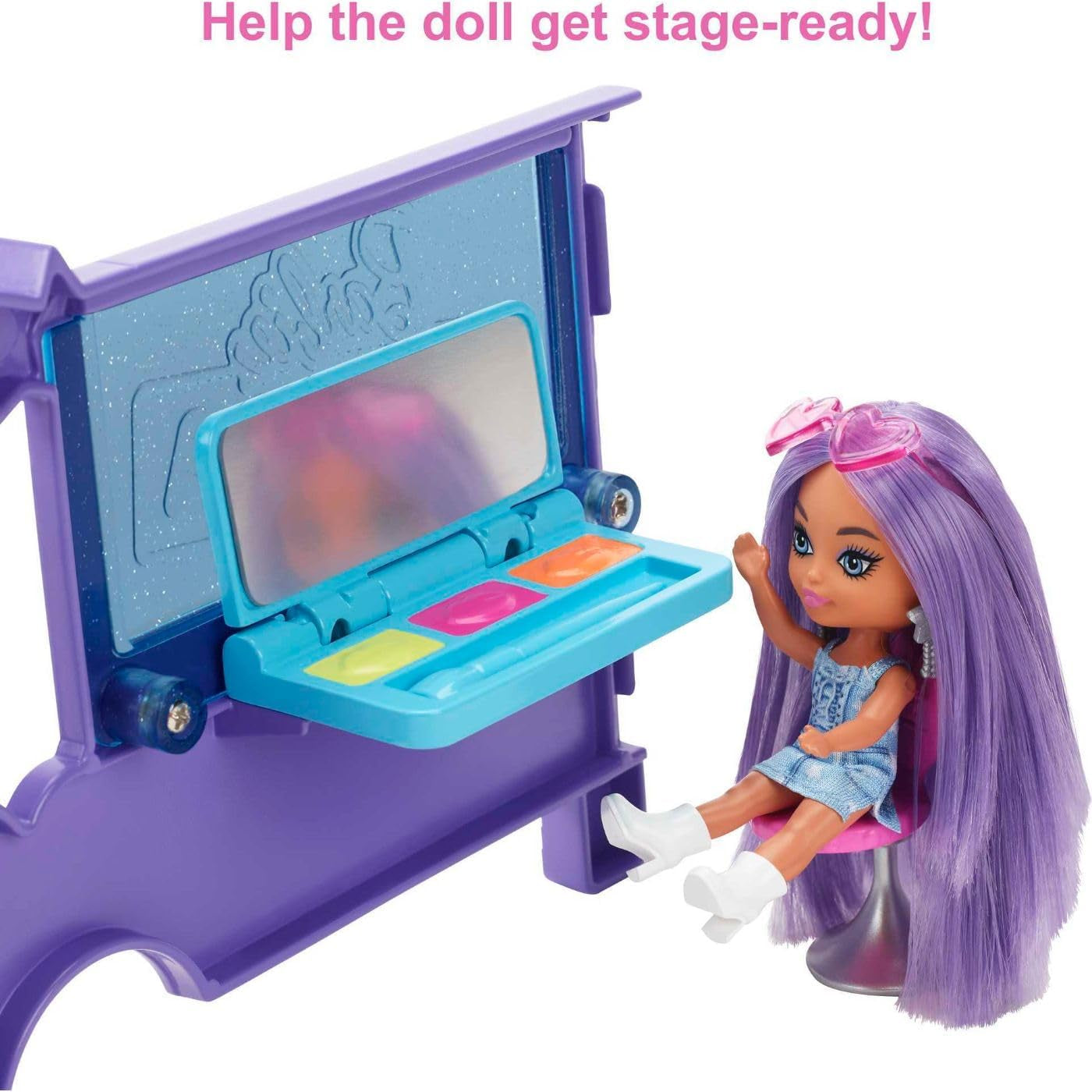 Barbie Extra Mini Minis-pop, Extra Mini Minis-pop met extra glitter-touringcar, inclusief make-upstation en showaccessoires, kindercadeau, speelgoed voor kinderen vanaf 3 jaar, HKF84