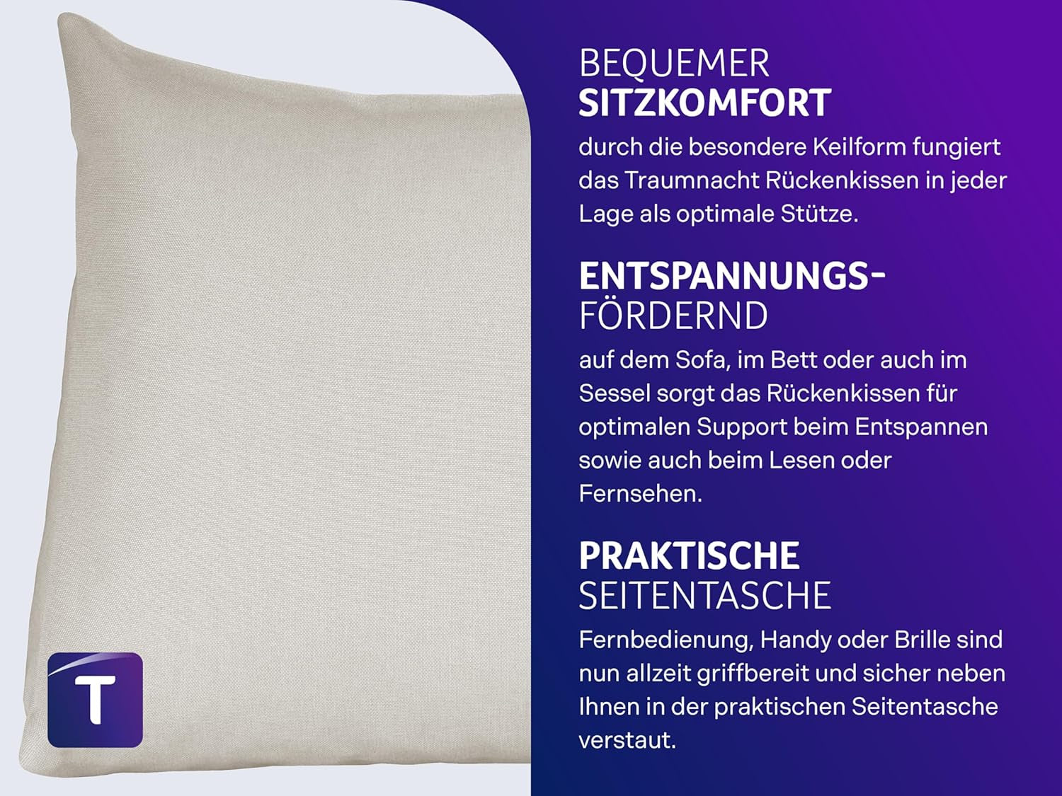 Traumnacht Cosy Back kussen, leeskussen, 70 x 40 cm beige, afneembare en wasbare hoes van 100% polyester, praktisch zijvak, Oeko-Tex gecertificeerd, geproduceerd volgens Duitse kwaliteitsnormen