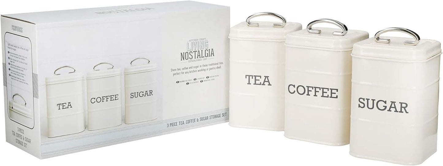 KitchenCraft Living Nostalgia set van 3 voorraadpotten voor thee, suiker en koffie in geschenkdoos, staal, antiek crème, 11 cm x 11 cm x 17 cm, vintage blauwe voedselbewaardozen Naty Shop