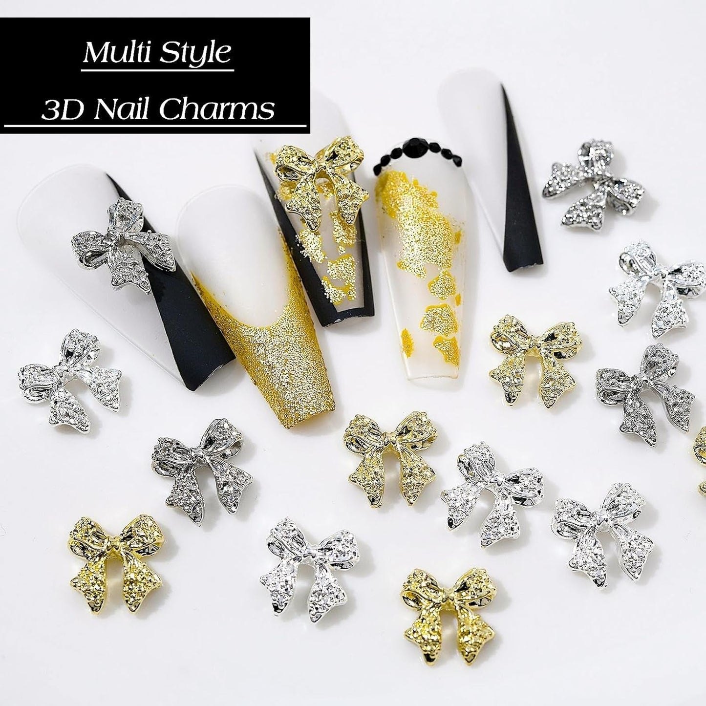 30st metalen nagelbogen, goud zilver grijze strikken, nagelaccessoires, nageldecoraties voor vrouwen en meisjes, nail art design