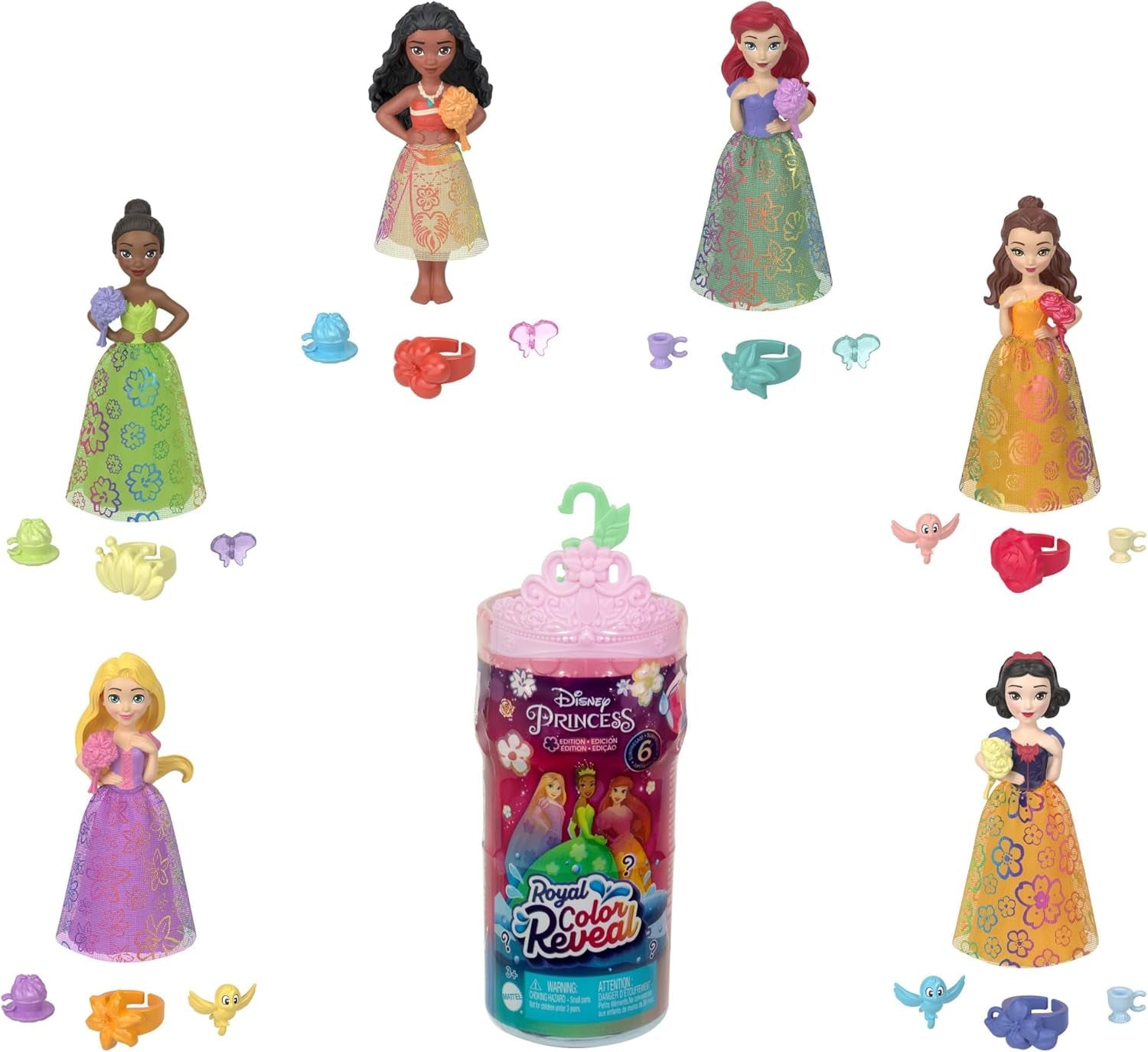 Mattel Disney Princess Royal Color Reveal kleine pop met 6 verrassingen, inclusief geurring en 4 accessoires (poppen kunnen variëren), tuinfeestserie HRN63