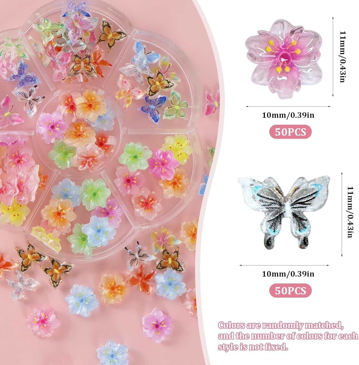 YICH Nail Charms Nägel Charms 50Stuks 3D Bloemen + 50Stuks 3D Schmetterling, Zomer Nägel Deko Set Schmetterling/Bloemen Nail Art Nailart