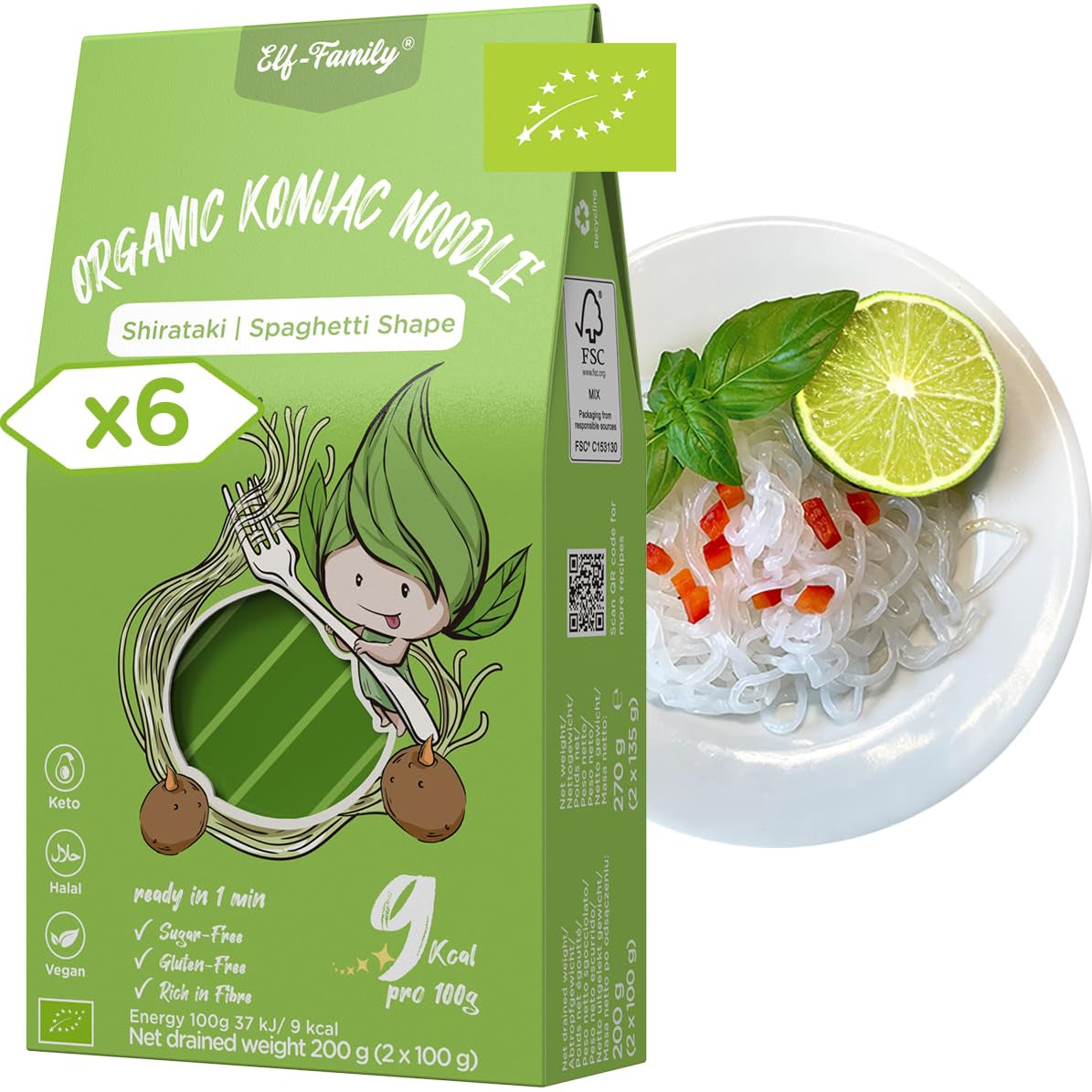 Elf-Family 270g x6er doos (12 stuks) Bio Konjak Nudeln Ultra Low Carb Shirataki Nudeln Veganistisch Glutenvrij-Instant Nudeln ohne kohlenhydrate/Keto/Kalorienarme/Fettfrei/Zuckerfrei -Spaghetti MHD: 12/11/2026