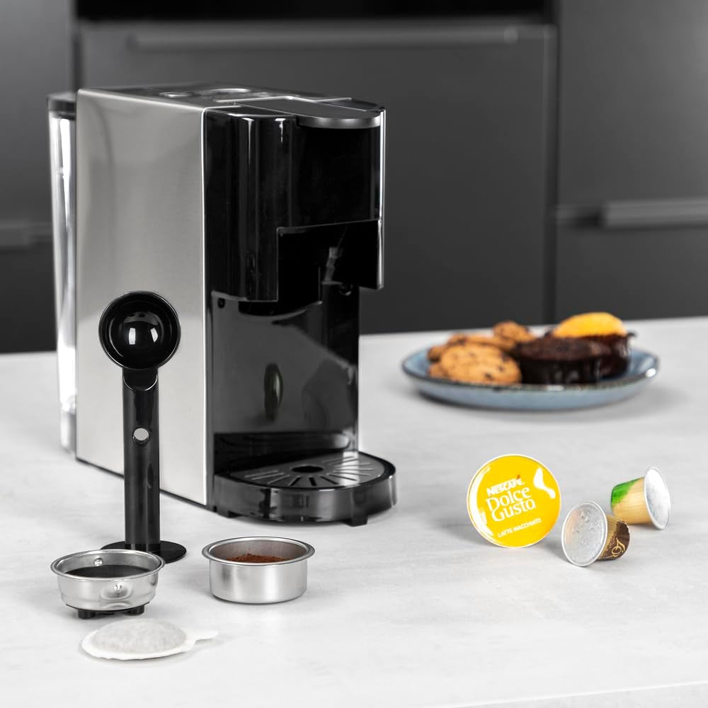 Princess 4 in 1 multicapsule espressomachine - 1450 watt, capsules, pads, gemalen koffie, BPA vrij, 249450, 01.249450.01.001, zwart, zilver