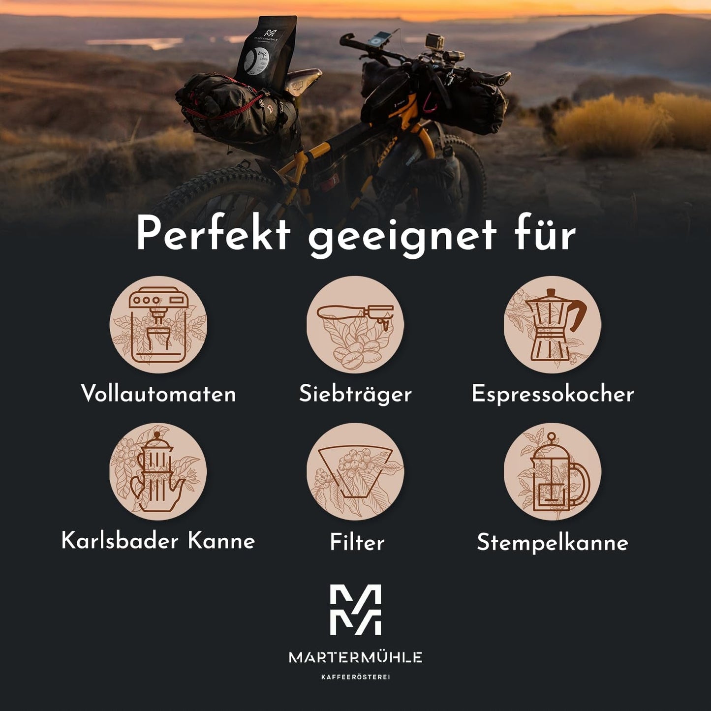Espressobonen Martermühle Bike 500g Sterk | Arabica/Robusta | Smaken: Macadamianoten, melkchocolade | Licht gebrande hele espressobonen, lage zuurgraad