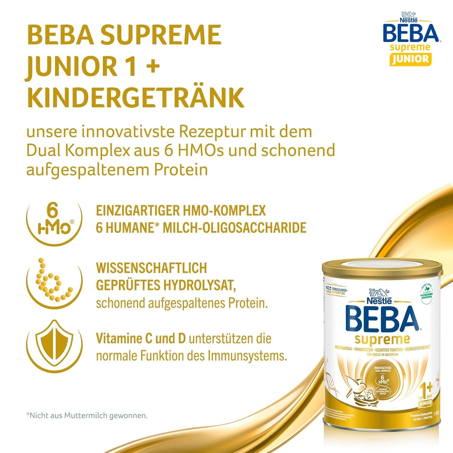 BEBA SUPREME JUNIOR 1 Plus - Drank voor kinderen vanaf 1 jaar, met complex 6 HMO, lactosevrij, palmolievrij, visolievrij, voeding voor kleine kinderen, babymelkpoeder, verpakking van 6 (6 x 800g)