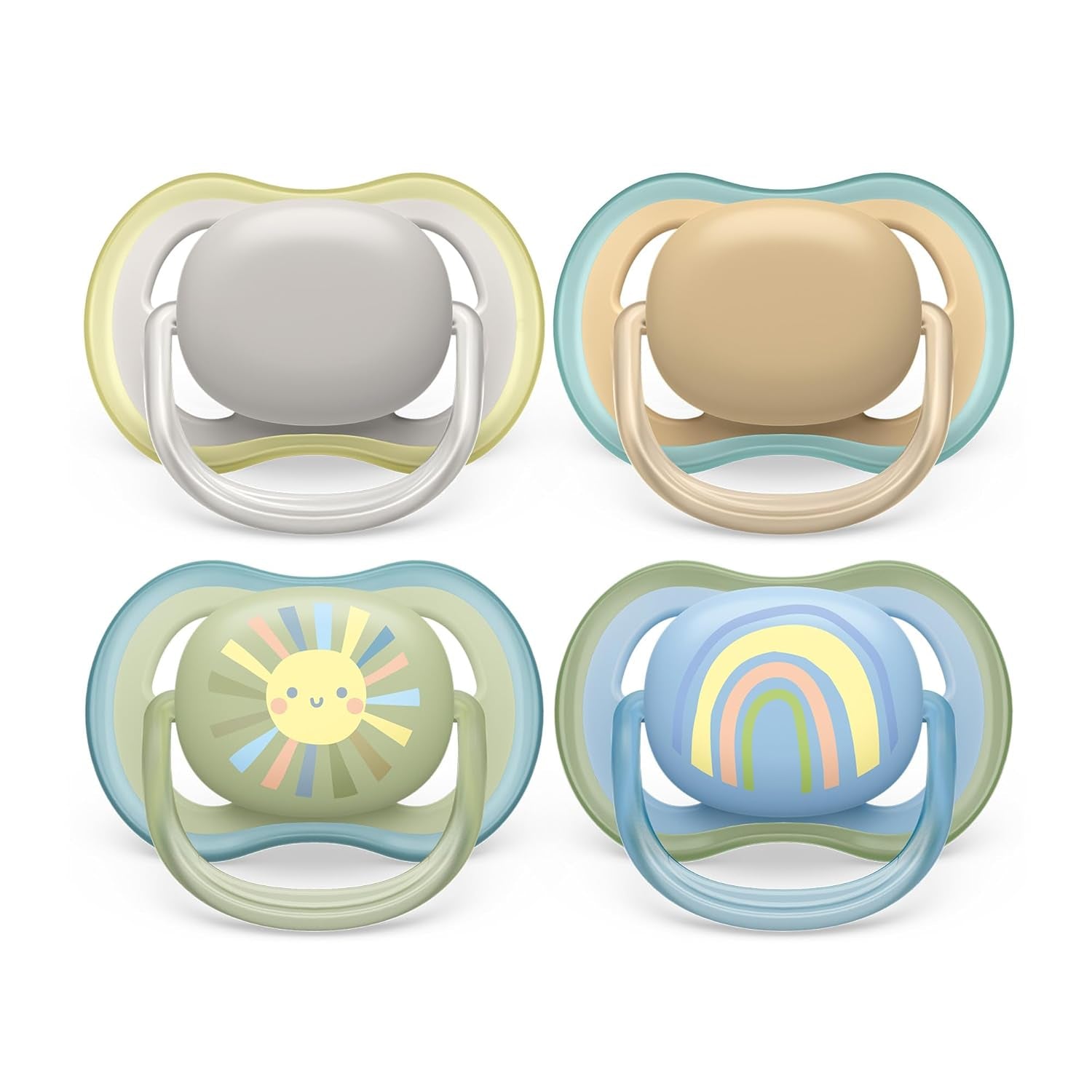 Philips AVENT ultra air-fopspenen - verpakking van 4 BPA-vrije, ademende fopspenen voor baby's tussen 0 en 6 maanden, inclusief draagtas en sterilisatie, kleur zon/regenboog (model SCF085/65)