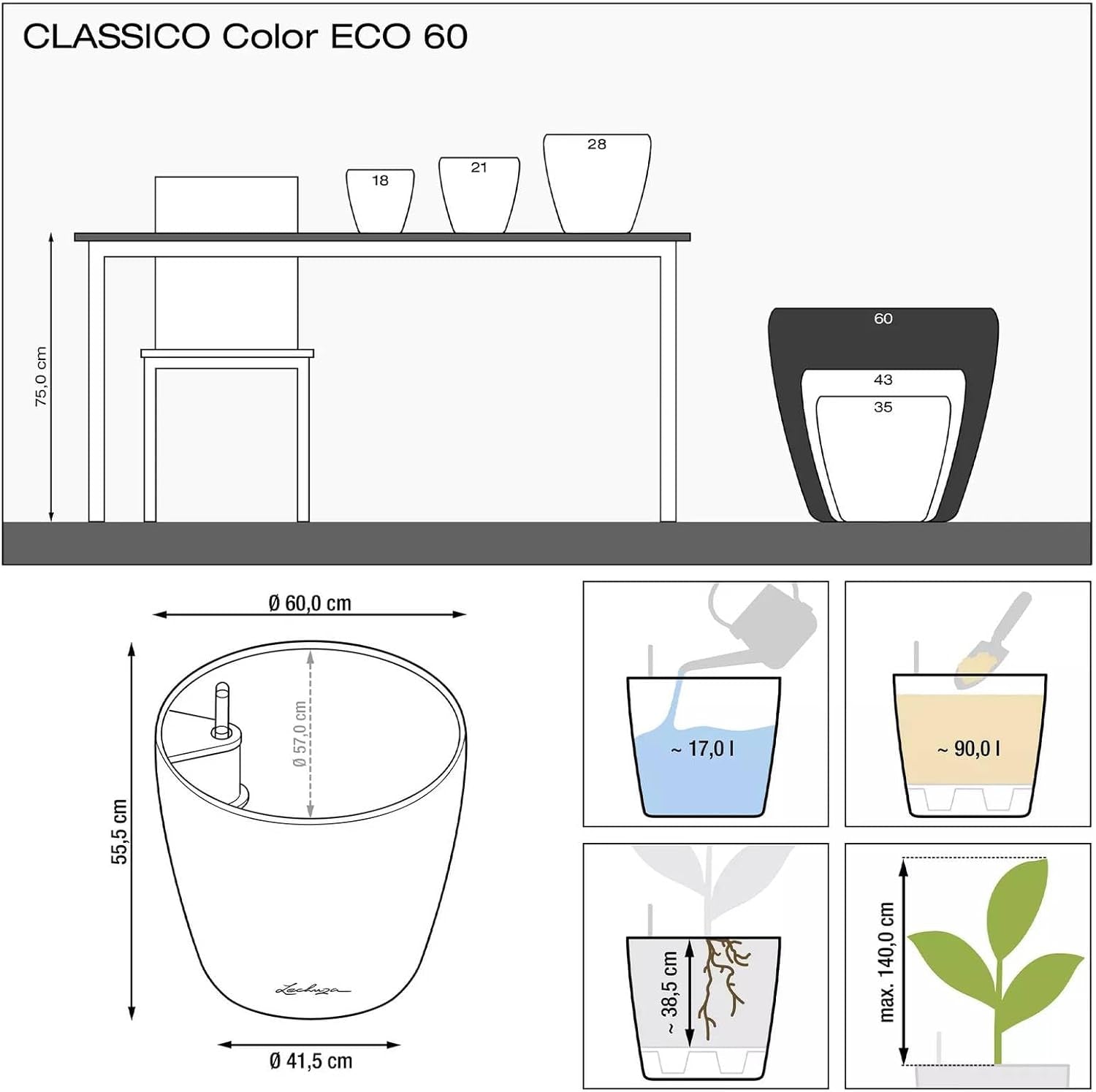 Plantenbak LECHUZA Classico Kleur ECO 60 Donkergrijs | Plantenbak met bewateringssysteem en waterniveau-indicator | Gemaakt van 100% gerecycled plastic | Matte afwerking | Ø 60 x 55,5cm | 18955