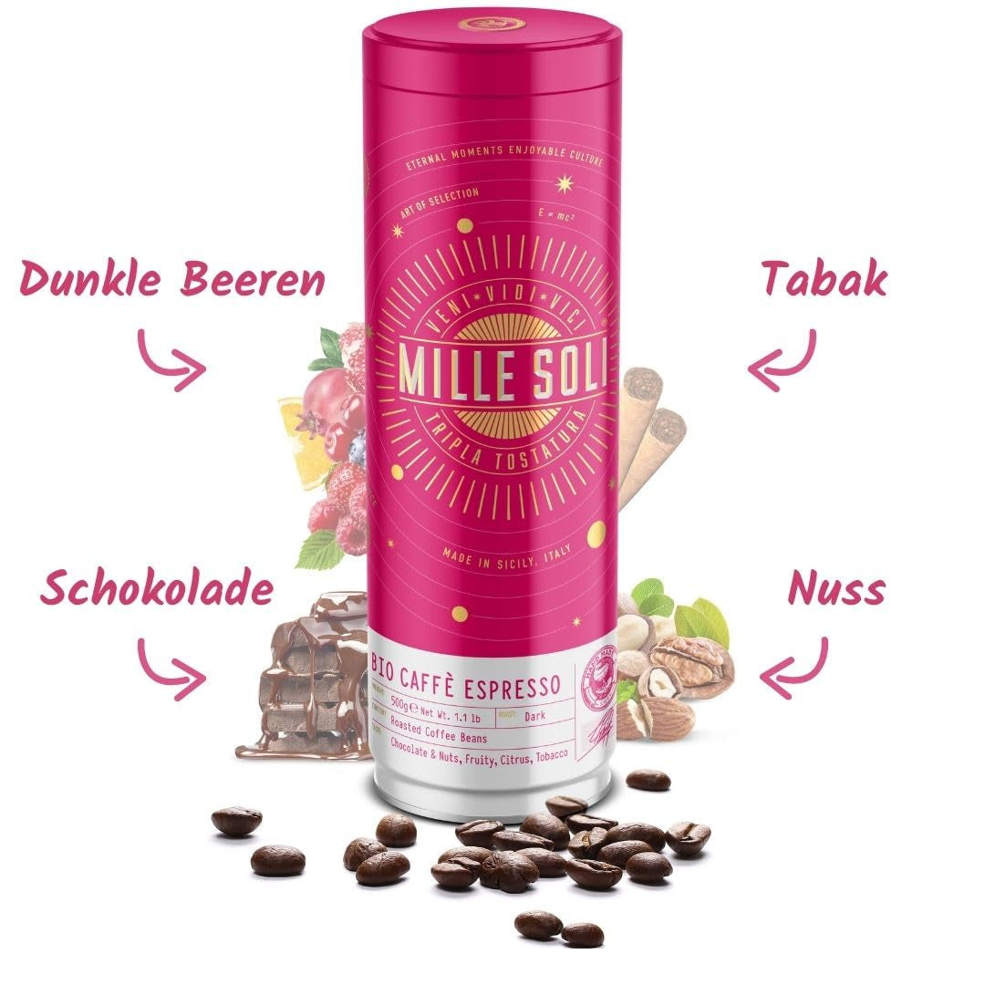 Biologische espressobonen 500 g in een verzegelde koffiedoos - topkwaliteit en herbruikbaar - premium koffiebonen gebrand op Sicilië