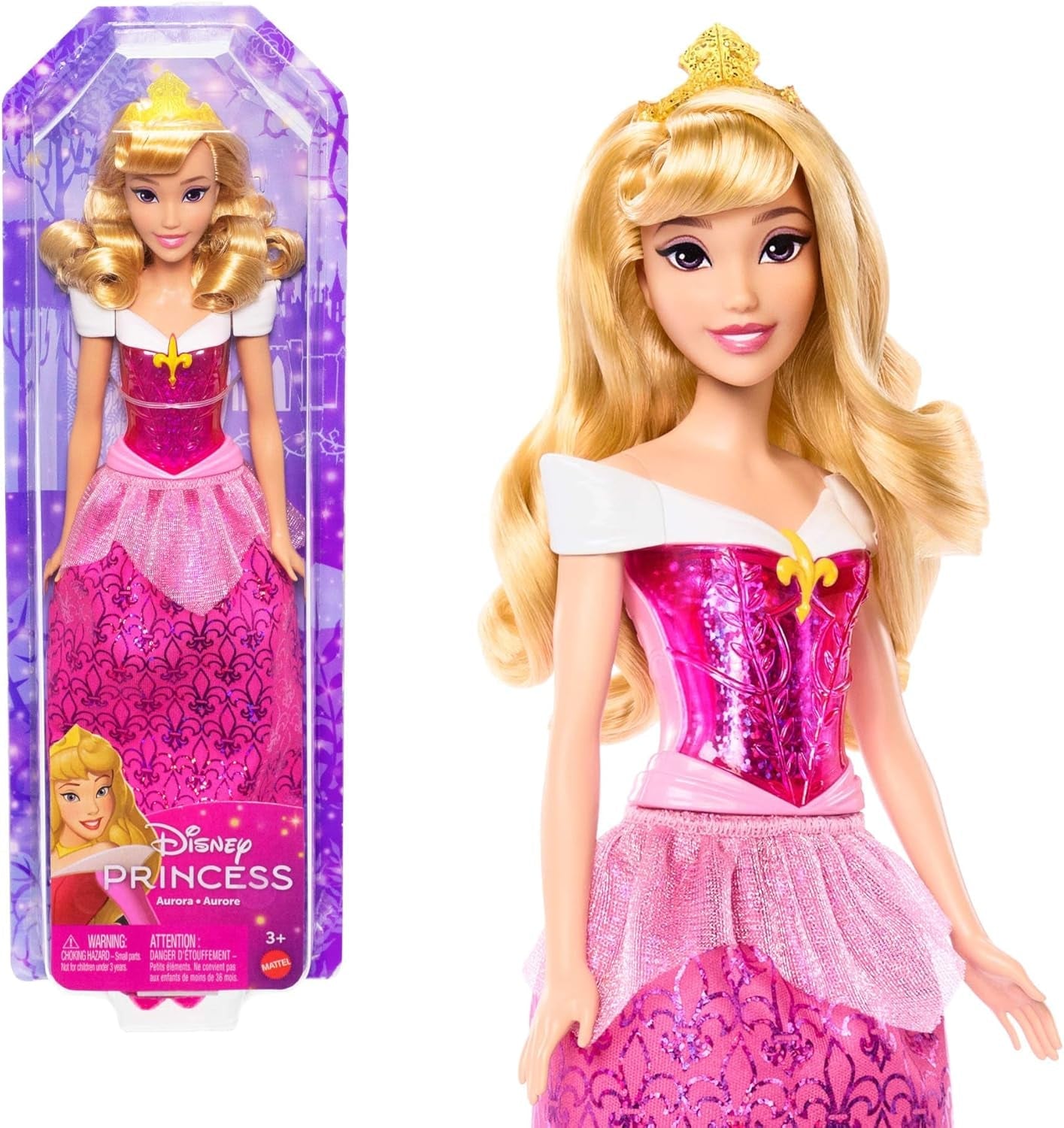 Mattel DISNEY Prinses Aurora - Pop met iconische outfit, afneembare schoenen en tiara, sprankelende top en afneembare rok met patroon, lang haar voor styling, HLW09